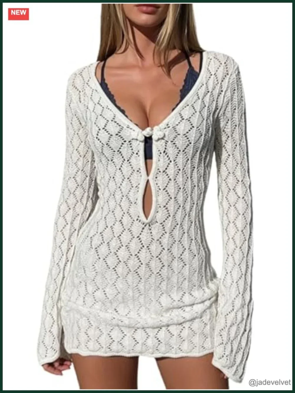 Crochet Hollow Out Long Sleeve Beach Cover Up Mini Dress